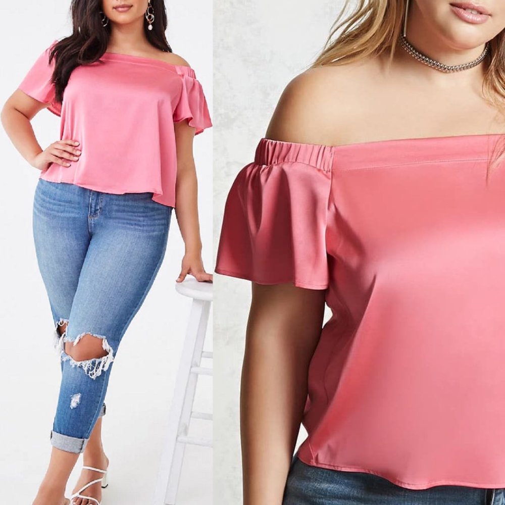 Forever 21 Pink Satin Off The Shoulder Crop Top 1X